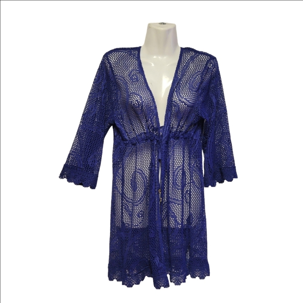 Blue Cover Up Lace Kimono with Drawstring